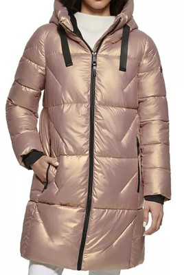 $320 DKNY Puffer Coat Gold Slick High-Shine Faux-Fur-Trim Hooded Womens XL New