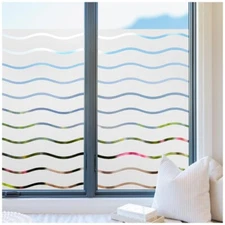 rabbitgoo Privacy Window Film Wave Decorative Striped Static Cling Glass Sticker