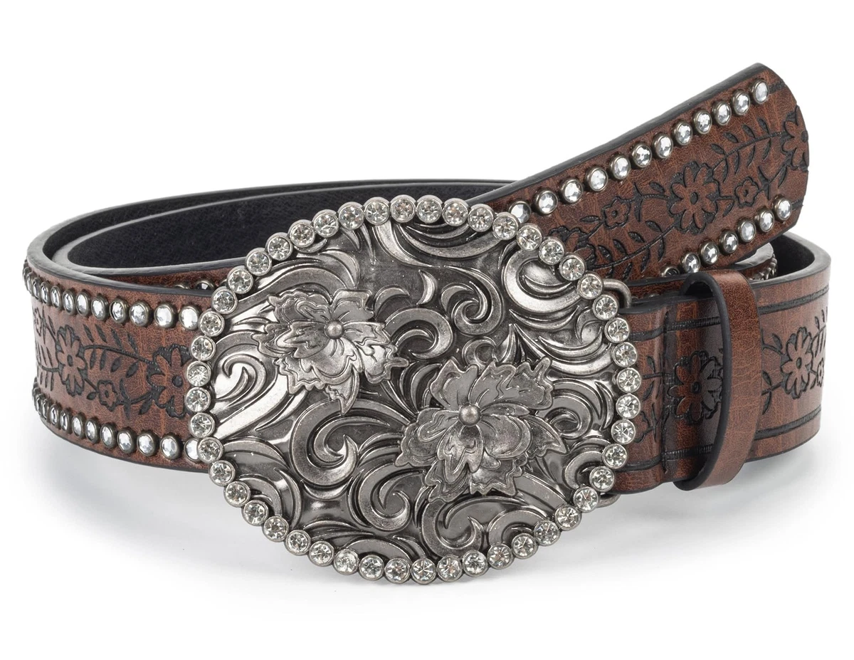 Women\'s Floral Western Belt Oval Buckle Vintage PU Leather Belts Tooled Brown Leather Western Belt: Oval Buckle, Removable  main image 3