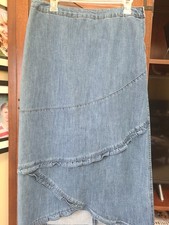 Christopher  Banks Denim Long Midi Skirt Bias Panels Inset Ruffles 6