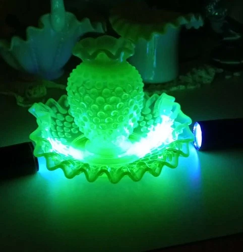 Fenton uranium green hobnail opalescent mini vase and curved sided plate