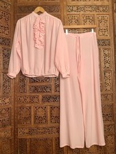 VtG 70s  Silk Pink Tuxedo Ruffle Blouse Drawstring Pants Set Wide Leg Holiday S