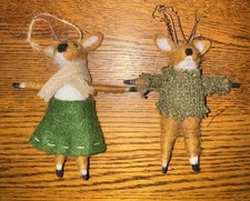 Felted Deer Reindeer Couple Ornaments~Christmas~ Primitive~EUC