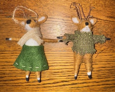 Felted Deer Reindeer Couple Ornaments~Christmas~ Primitive~EUC