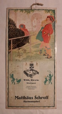 Alte Reklame, ''Matthäus Schroff Hartmannsdorf'', Abreißkalender-Halter, Pappe