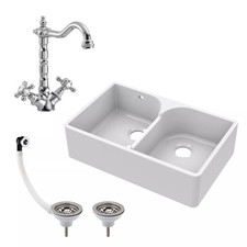 Fireclay Kitchen Sink - 795mm Double Bowl Butler with Stepped Weir, Classic Tap