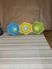 Ceramic SERVING DISH ,Colorful Flowers , Vibrant 3 Bowl Spring Festive Chips 13”