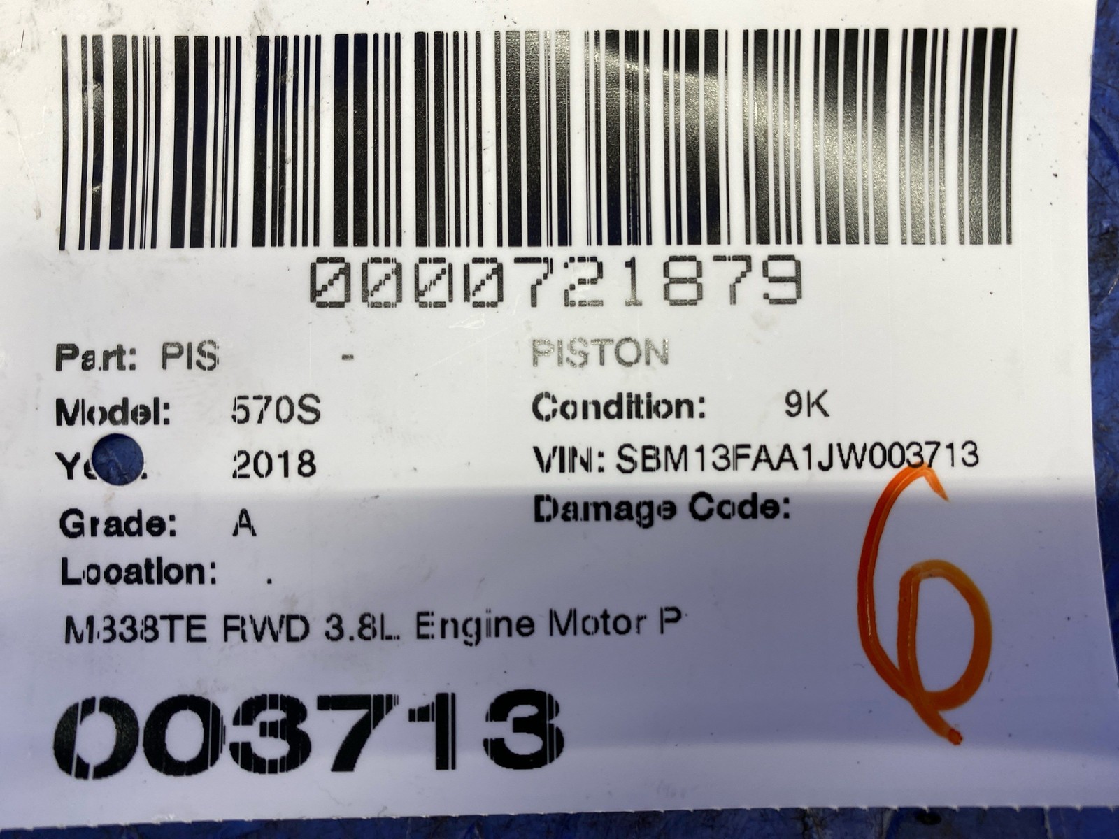 2016-2021 Mclaren 570s M838TE RWD 3.8L Engine Motor Piston W/ Connecting Rod