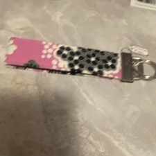 Handmade Fabric Key Chain Pink Black White Floral Pattern Women Metal Hardware
