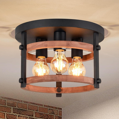 Retro 3-Light Flush Mount Ceiling Light with Wood Frame for Home Decor
