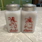 Vintage Hazel Atlas Dutch Skater Salt & Pepper Shakers Milk Glass Red/White