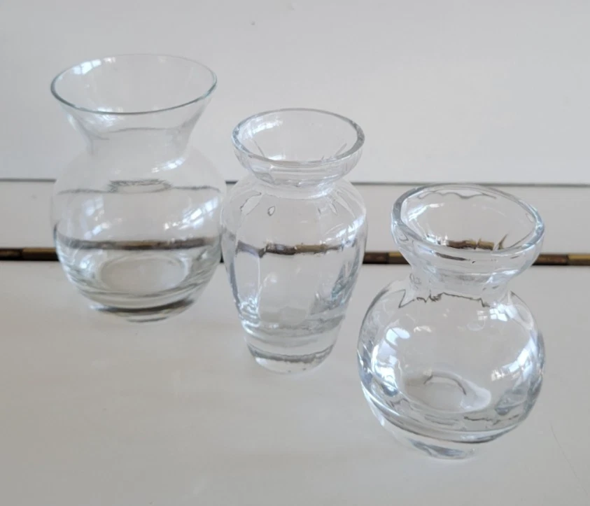 3 MINI JARRONES DANSK DE VIDRIO TRANSPARENTE PEQUEÑOS MEDIANOS GRANDES TOPS Foto 3 de 4