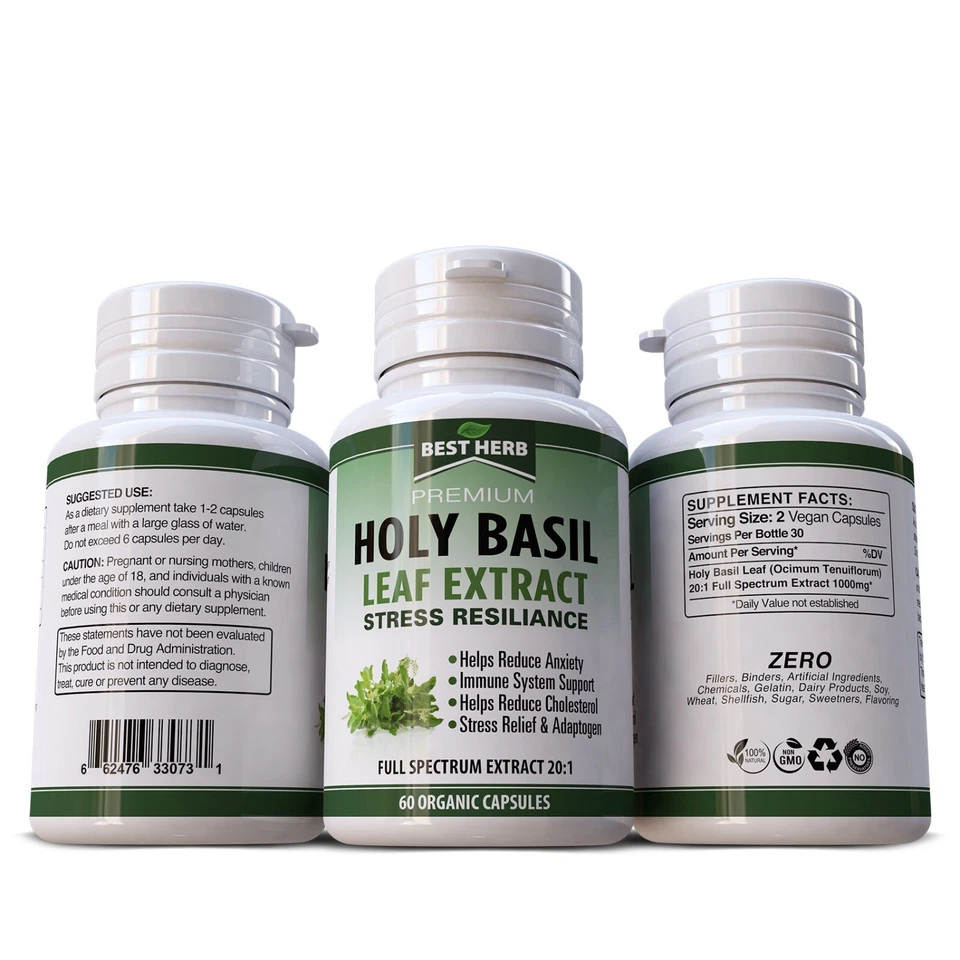 Hoja de albahaca sagrada 1000 mg 60 píldoras veganas extracto de espectro completo 20:1 caduca 1/2028 Foto 2 de 4