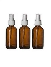  3 Amber 4oz Boston Round Glass Bottle White Spray Fine Ribbed Mist Sprayer 60ml