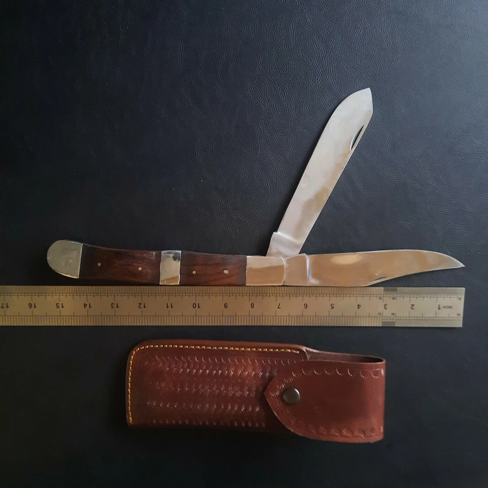 Cuchillo de Bolsillo Antiguo Puente Temprano Cubiertos Madera Plegable 2 Hojas Antiguo con Funda Foto 2 de 4