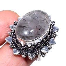 Natural Black Rutilated Quartz Gemstone 925 Sterling Silver Ring Size 7 A116