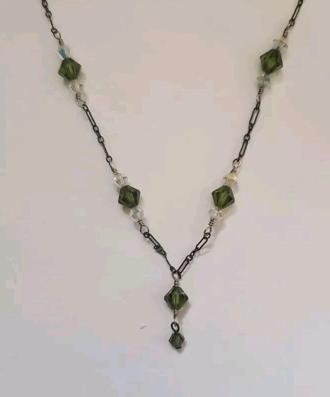 Collar de plata de ley 925 negro rodio verde y cuentas de cristal transparente 15" Foto 3 de 3