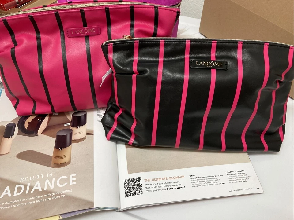 2 X Bolsa de Maquillaje Cosmético Lancome Rayas Rosa Caliente y Negro Bolsa con Cremallera Grande Foto 4 de 4