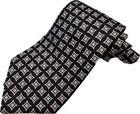 Black silk tie with white, blue, and beige diamond geometric print, hand made in USA.