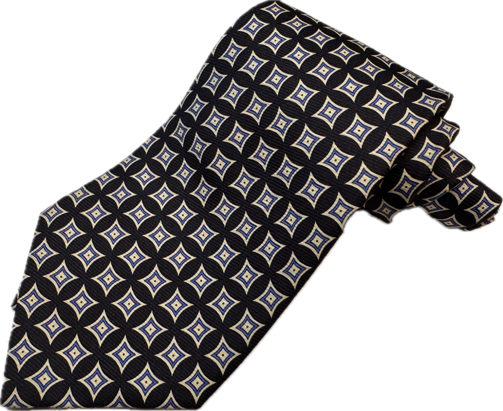 Black silk tie with white, blue, and beige diamond geometric print, hand made in USA.