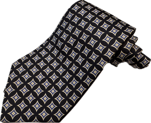 Black silk tie with white, blue, and beige diamond geometric print, hand made in USA.