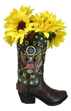 Rustic Western USA American Bald Eagle Army Emblem Cowboy Boot Flower Vase
