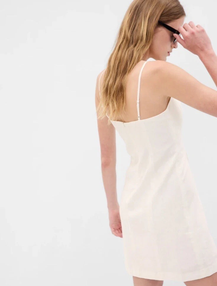 OFF WHITE Mini Abito Gap Small Petite Misto Lino Senza Maniche Scollo Quadrato Nuovo Bianco Off