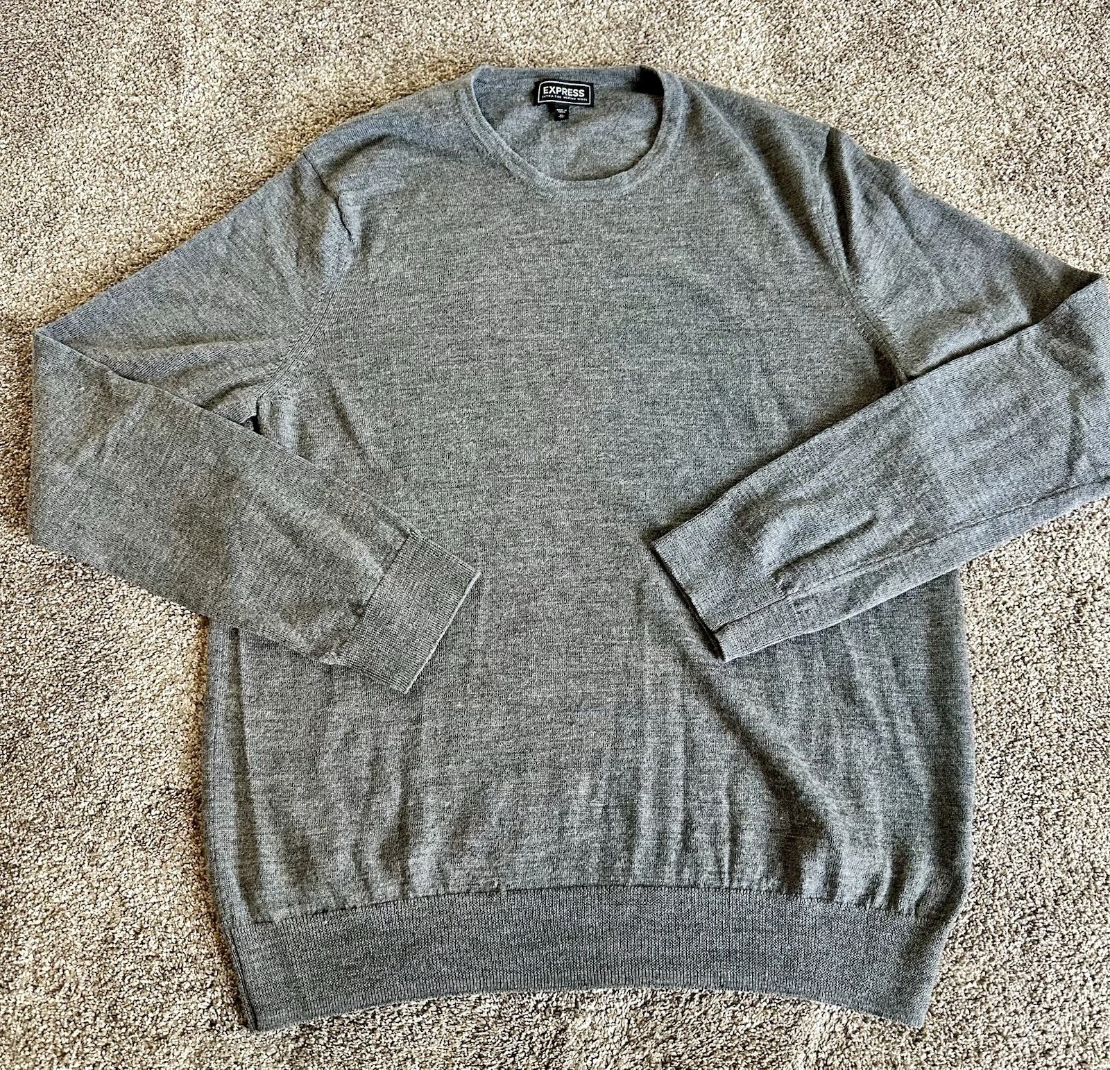 Express Sweater Mens XL Gray Long Sleeve V Neck Merino Wool Preppy Old Grandpa