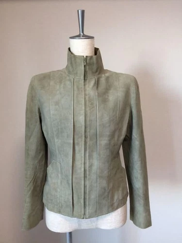 Giacca corta scamosciata Chanel usata giubbino pelle esterno donna taglia 36 colore kaki
