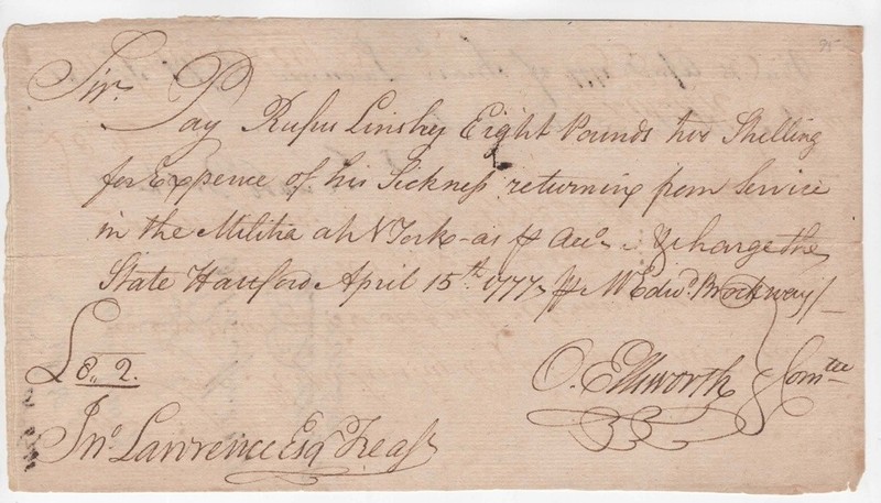 1777, Oliver Ellsworth, Governor John Treadwell, signed, sick soldier Saratoga