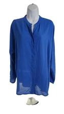 Adrienne Vittadini Blouse LRoyal Blue Sheer Long Sleeve Office Top Elegant