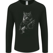 Gildan Rock Cat Con Guitarra Eléctrica Camiseta Manga Larga Hombre Negra