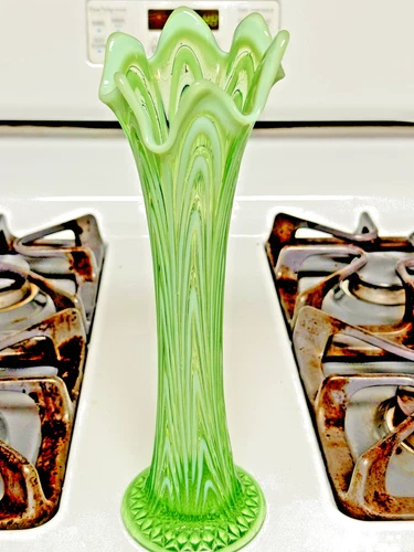 Fenton Glass Vase Green Uranium Swung Boggy Bayou Drape 11.5"- Stunning