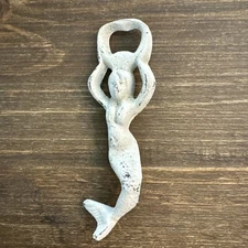 Cast Iron Mermaid Bottle Opener Whitewash Nautical Beach Distressed Costal 6.25"
