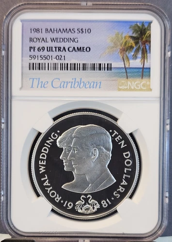 1981 BAHAMAS SILVER 10 DOLLARS S$10 ROYAL WEDDING NGC PF 69 ULTRA CAMEO TOP POP