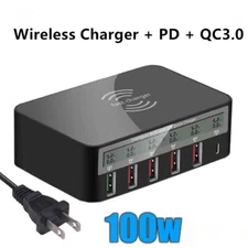 100W 6 Ports Multi USB PD QC3.0 Fast Charger Station Phone With Wireless Charger