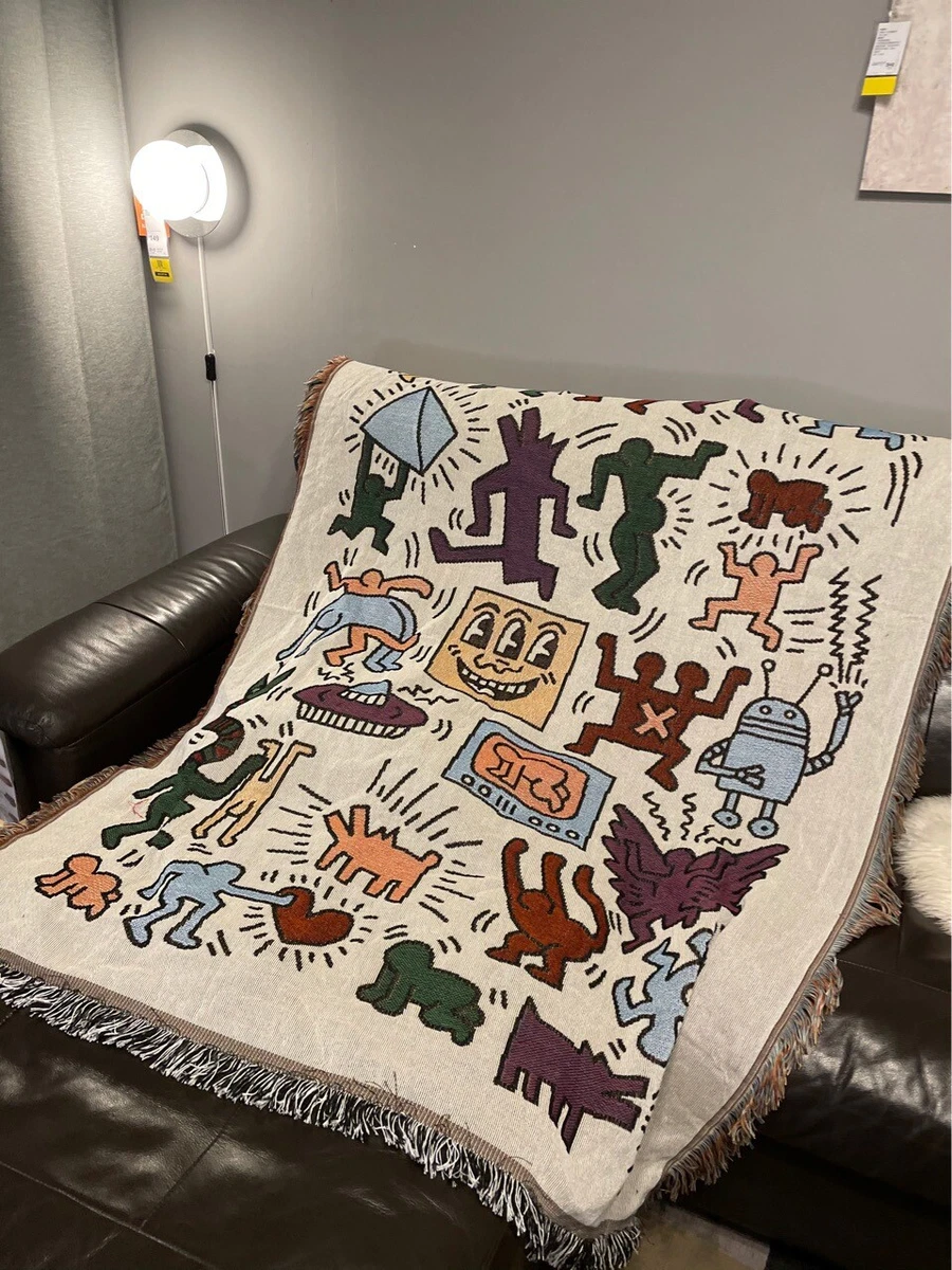 Keith Haring Graffiti WOVEN FRINGE BLANKET, JACQUARD WOVEN TAPESTRY, SOFA  THROW