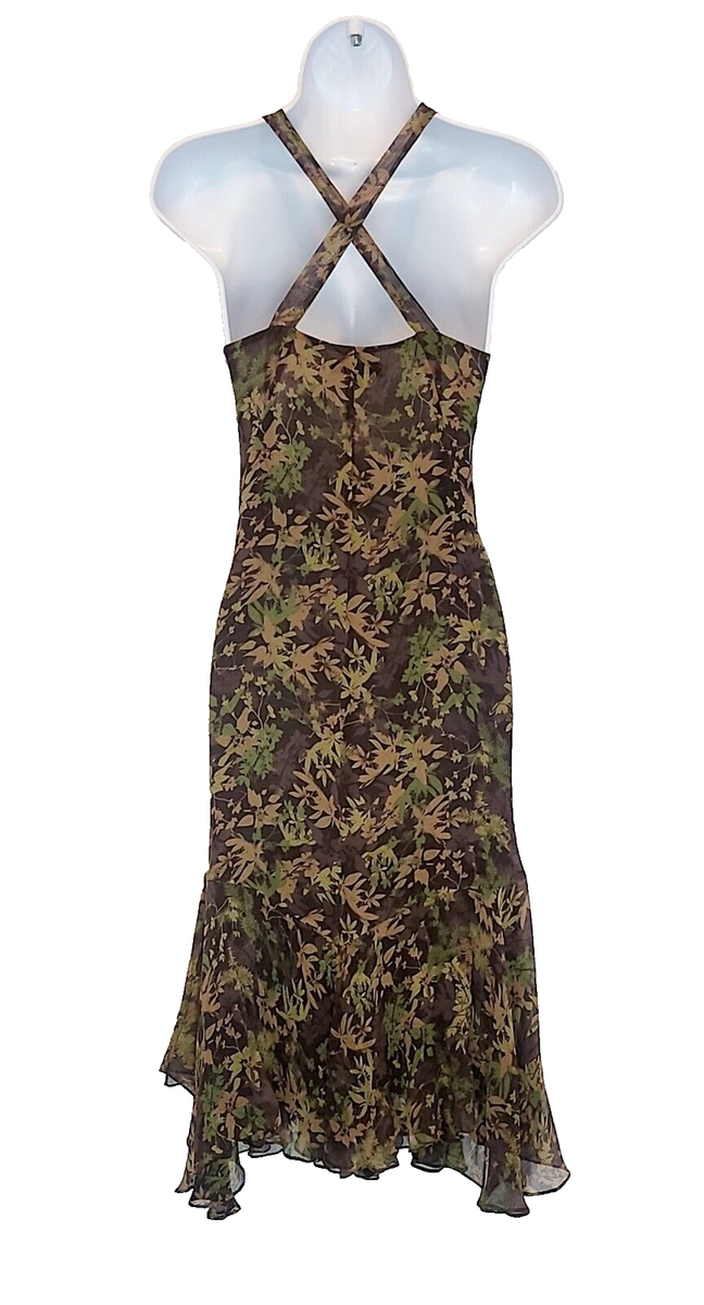 reba green dress Sheer Silk Layered Beaded V-Neck Strappy Cross Back Women's 6 SMALL Formal New Arrivals