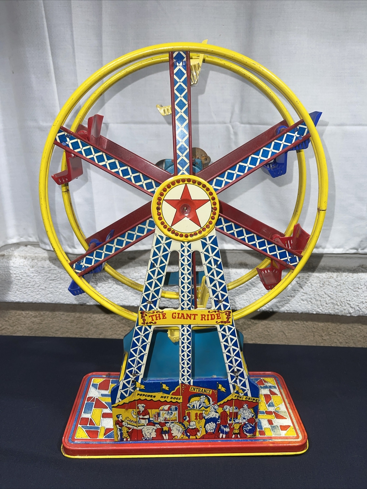 Vintage "The Giant Ride" Working Wind Up Ferris Wheel 1950's Tin Toy