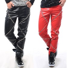 Men's Faux Leather Studded Pants Dance Party Nightclub Trousers Wet-Look