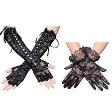 2Pairs Women's Sexy Short&Long Elbow Fingerless Gloves Gothic Lace Up Arm Warmer