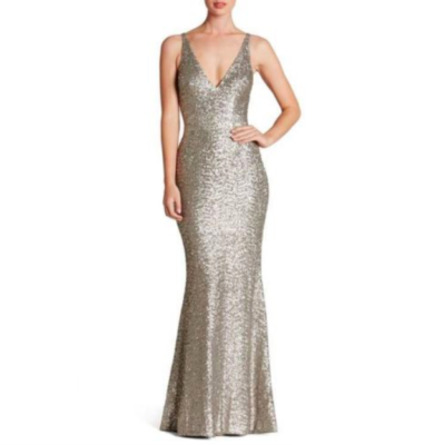 Dress the Population Platinum Sequin Harper V-Neck Mermaid Bodycon Gown  Medium | eBay