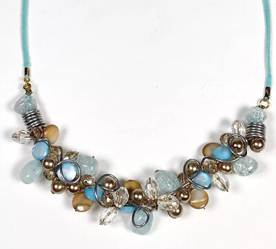 Hand Crafted Statement Necklace Crystal Bead Cluster Faceted Glass Wire Blue Bib