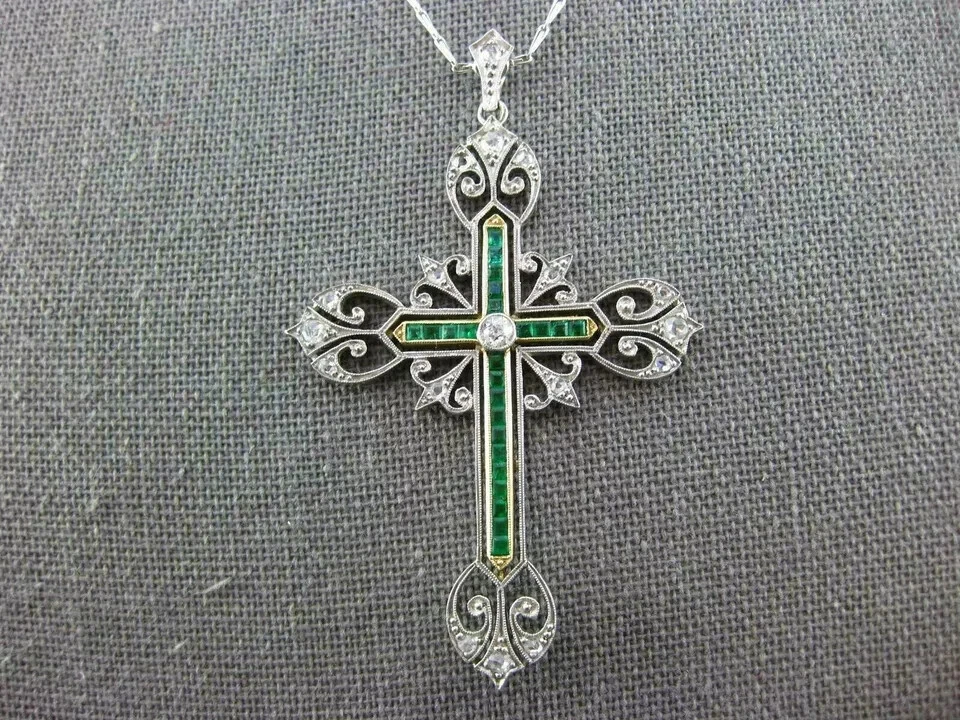 Кулон в стиле ар-деко с крестом 3 карата созданный в лаборатории изумруд/бриллиант 18 дюймов покрытие белым золотом 14 карат - Изображение 4 из 4