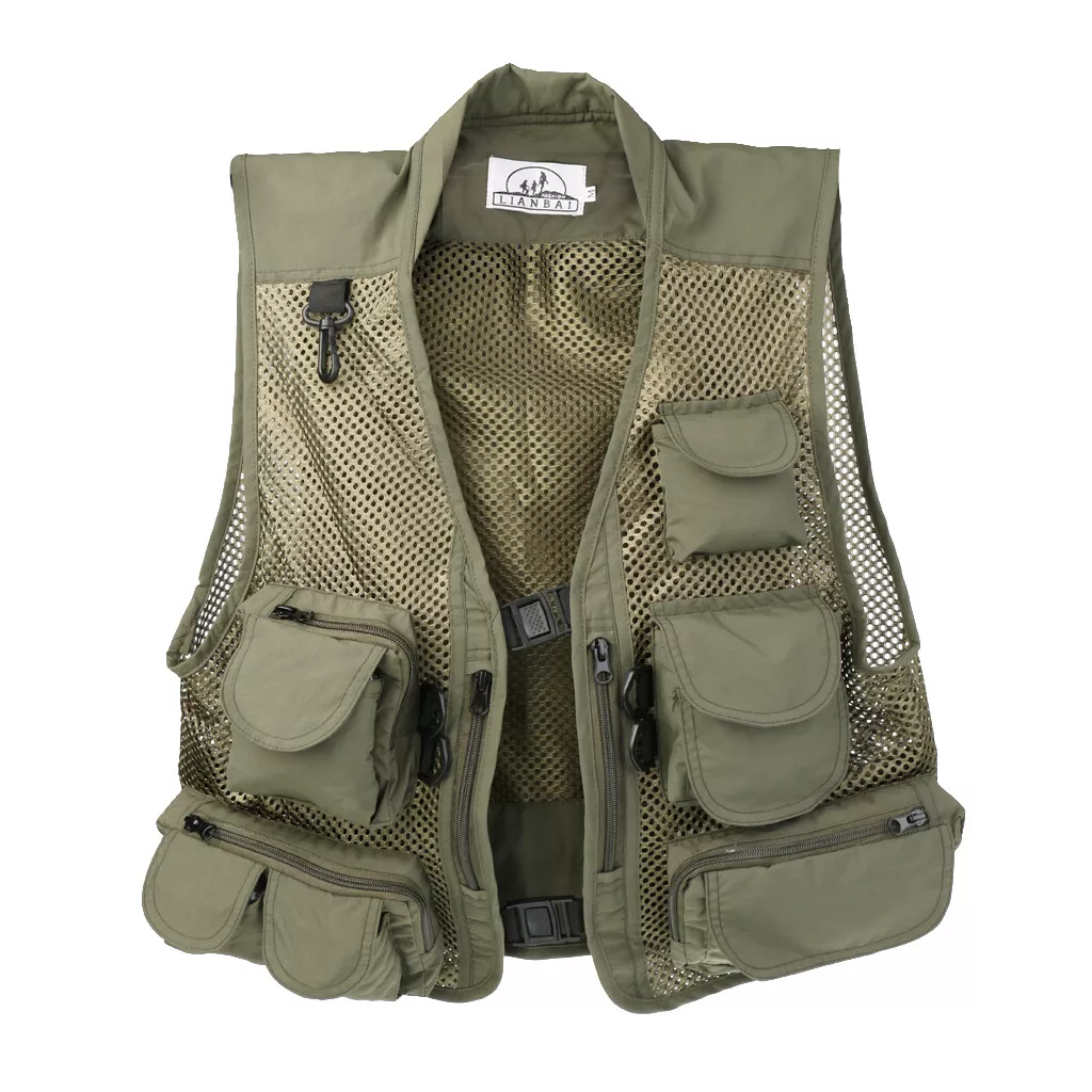 Mens Outdoor Fly Fishing Vest Waistcoat Jacket Waterproof Mesh Vest Army  Green