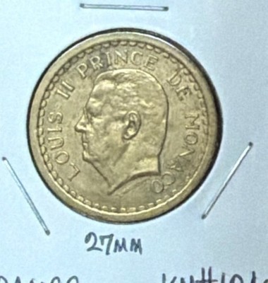 1945a MONACO 2 FRANCS ALUMINUM BRONZE COIN-27MM-LOUIS II-KM#121a