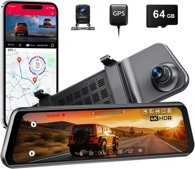 12'' Mirror Dash Cam, 4K UHD Front and 2.5K Rear View Dash Camera for Car, with A