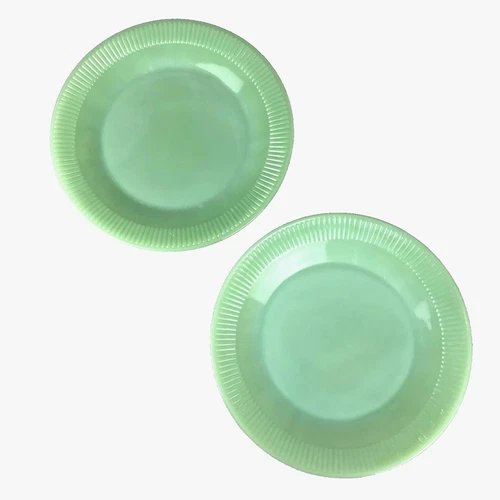 2 Vintage Green Jadeite 9” Dinner Plates Jane Ray Ribbed Fire King Oven Ware