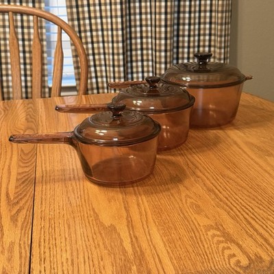 Corning Visions Amber Glass Saucepan Set 1L 1.5L 2.5L w Lids