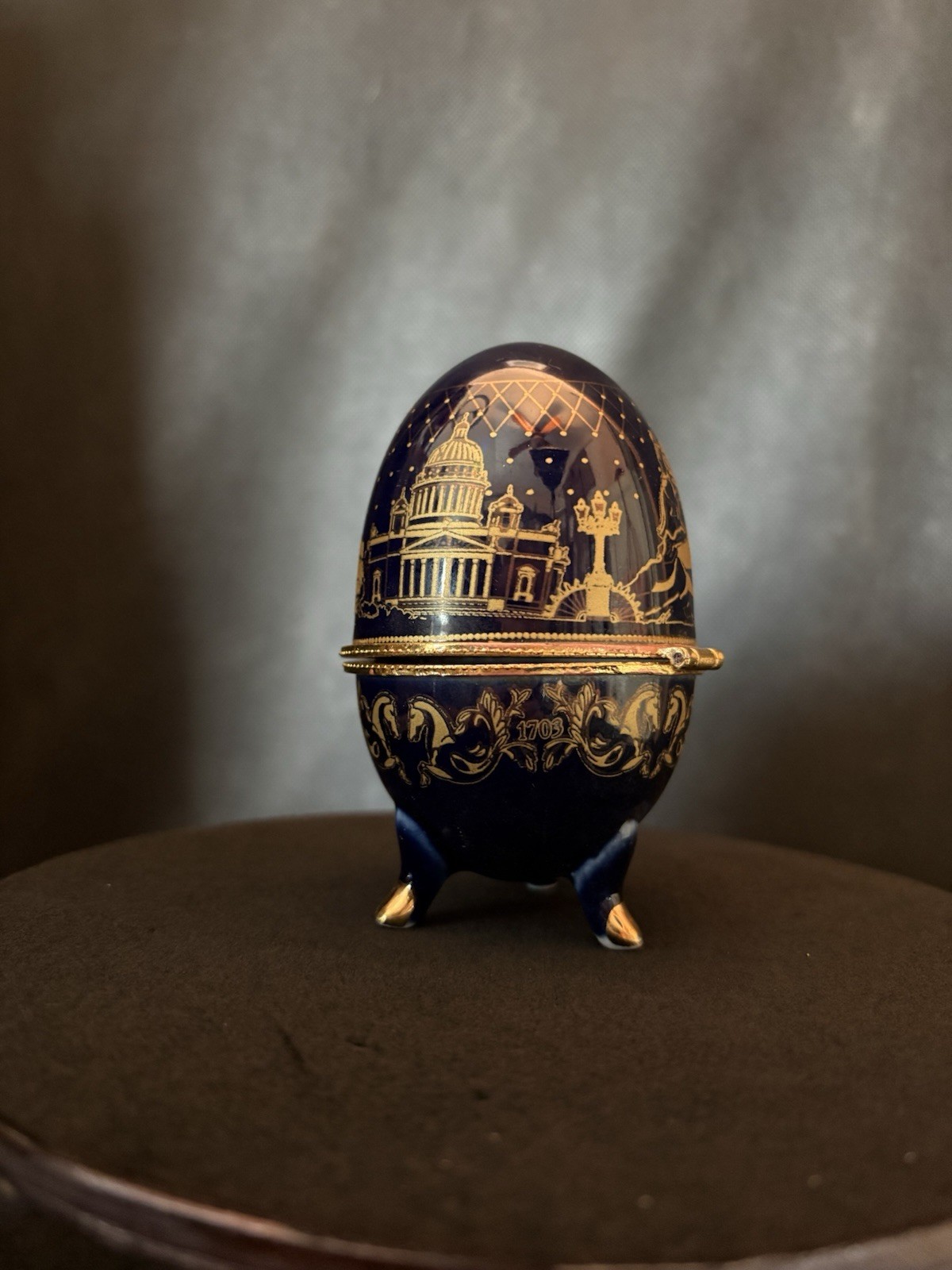 Vintage -Russian-Cobalt Blue and Gold- Porcelain Egg- Trinket Box